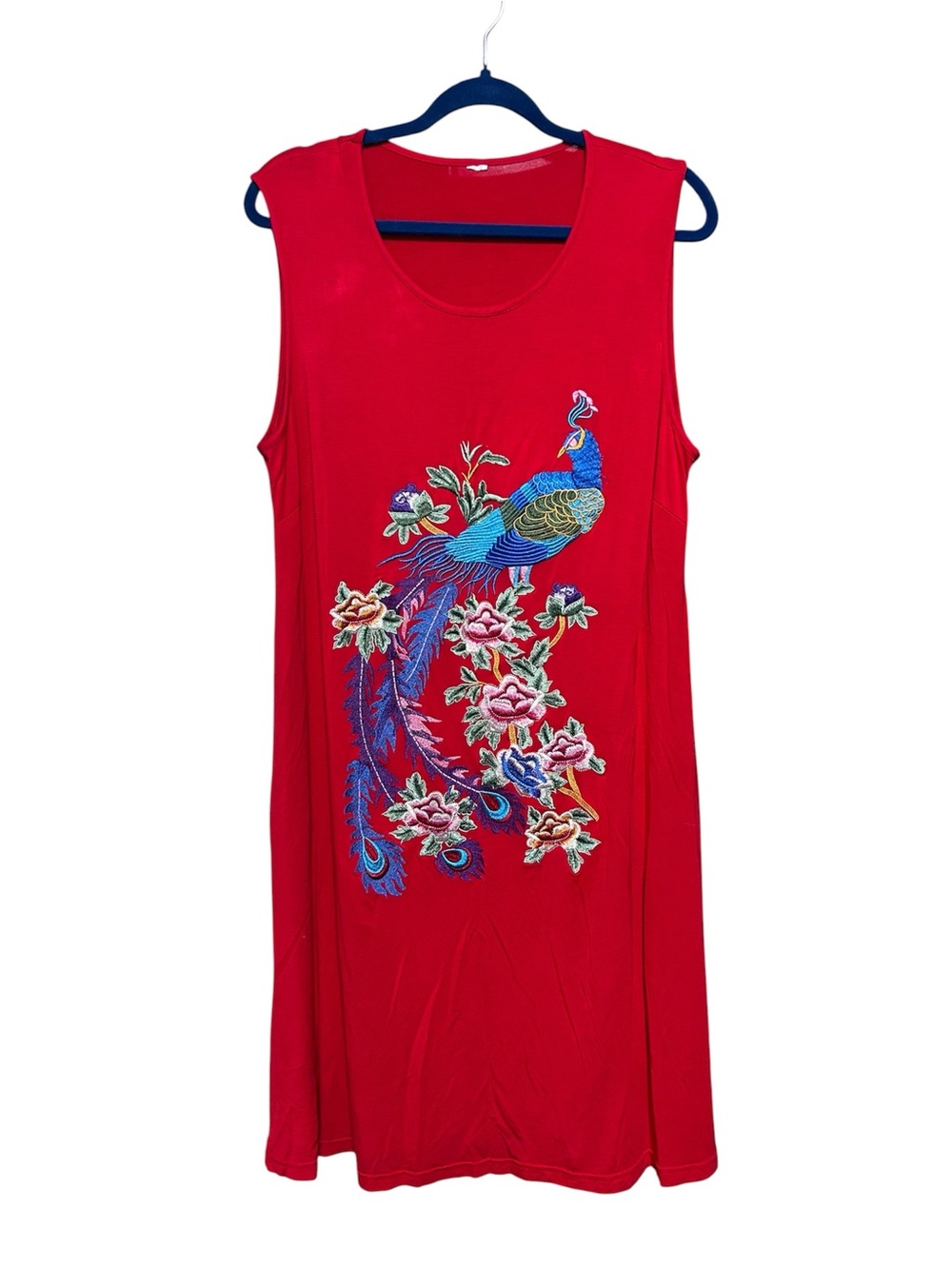 Red Peacock Embroidered Sleeveless Dress | Boho Statement Dress | XXL approx.